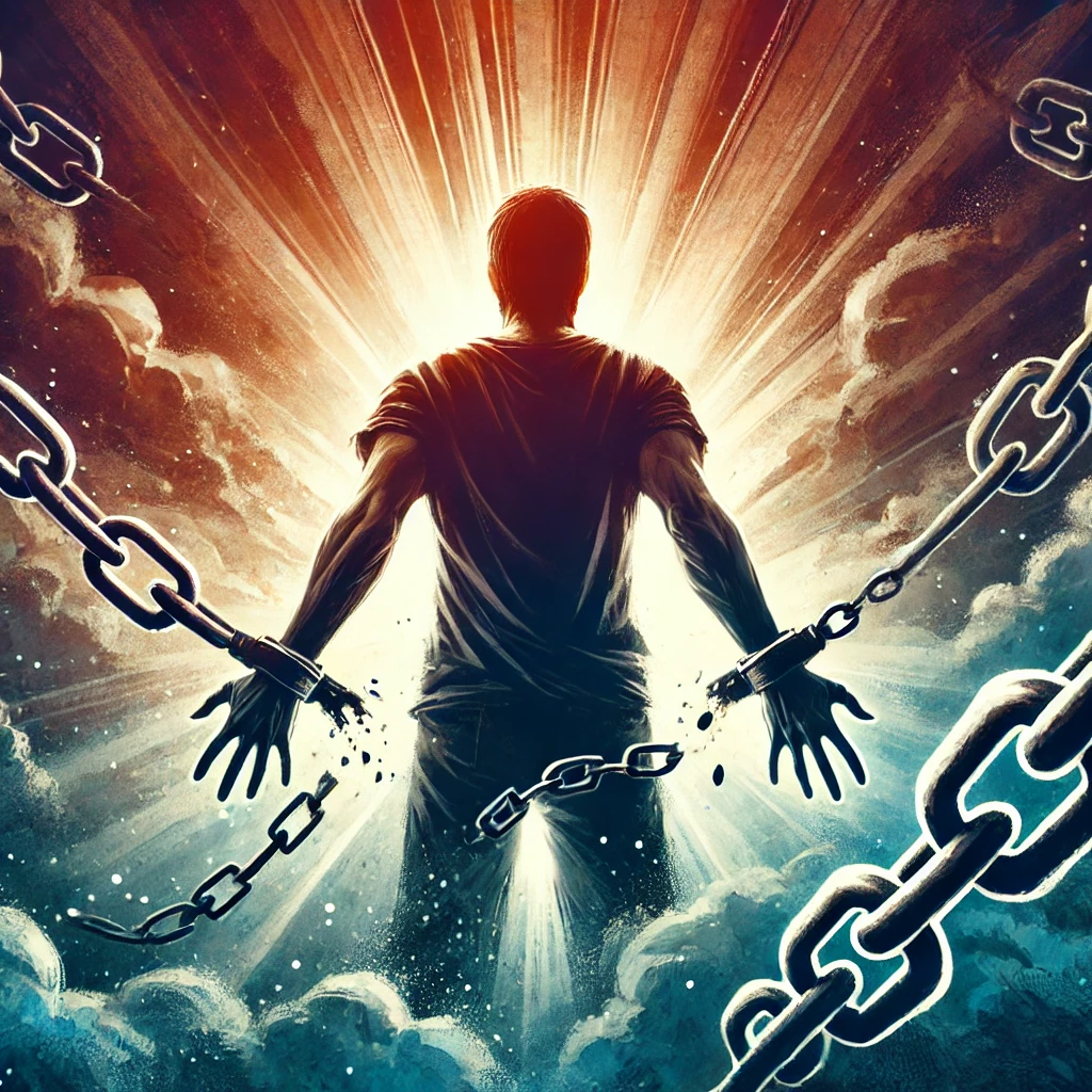 A picture of a man breaking out of the chains of the manosphere